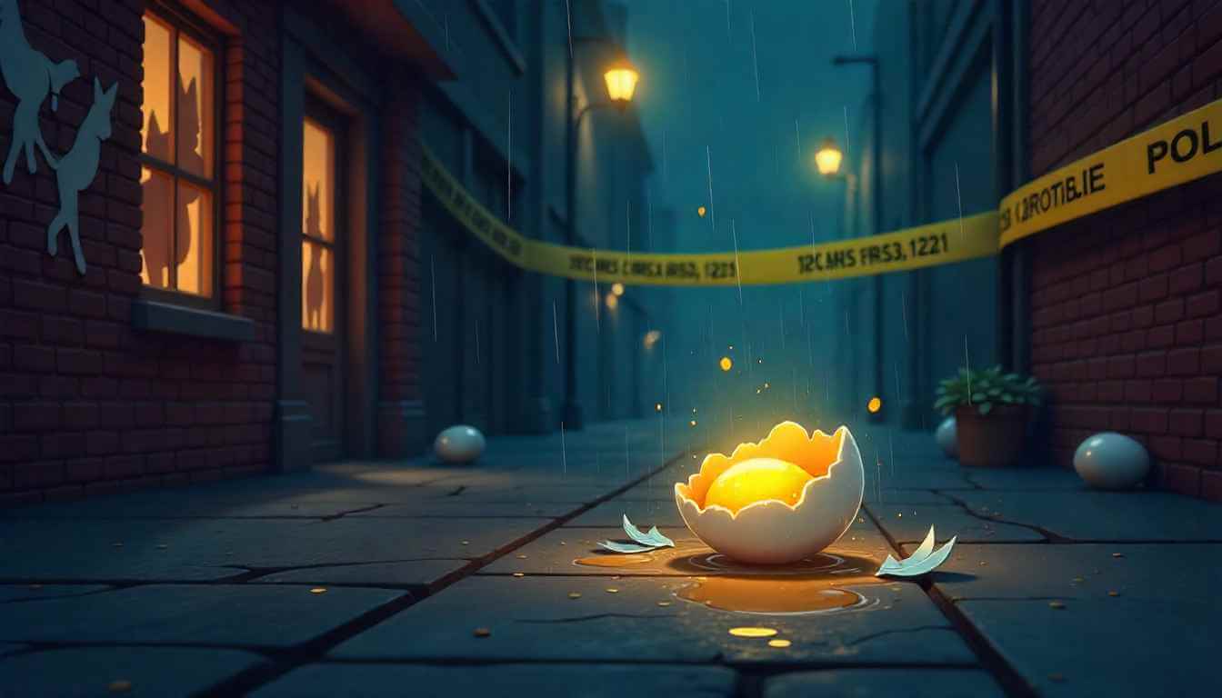 A cracked egg as a clue in a dark alley